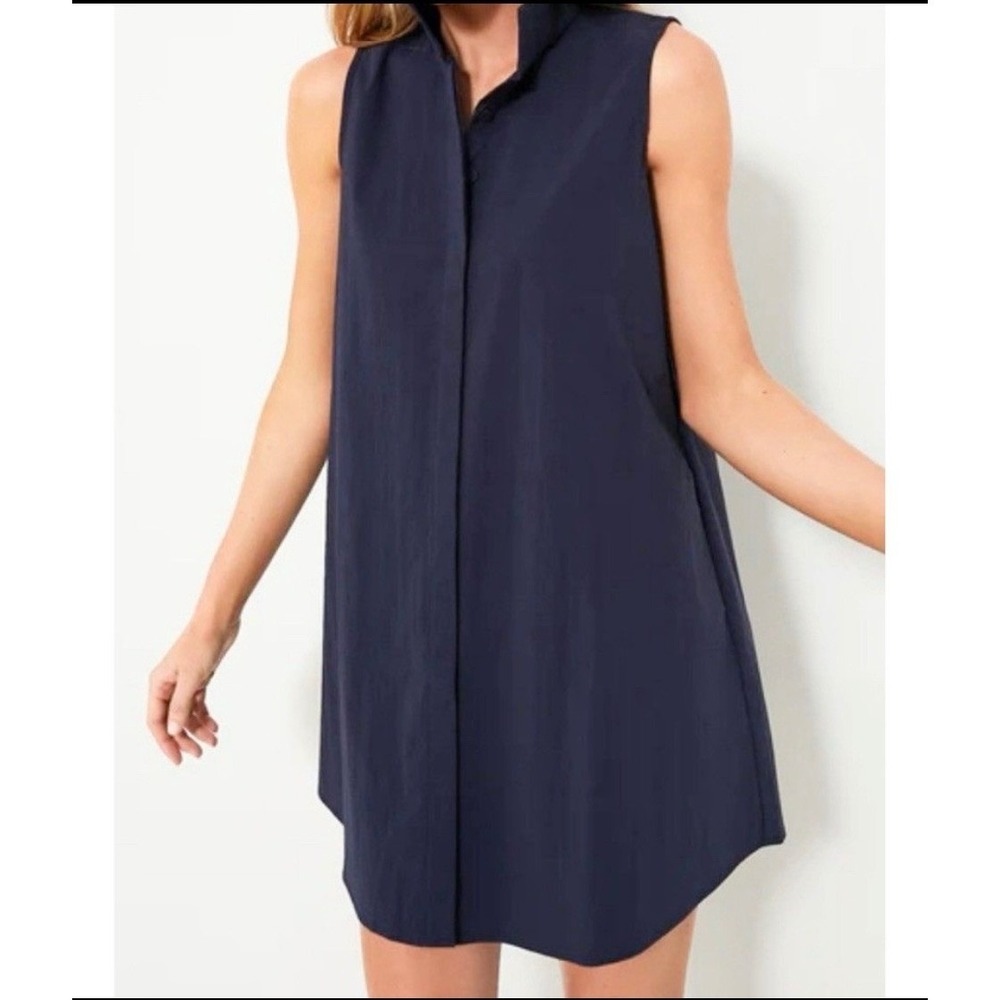 Sharagano Shirt Dress Sleeveless Tencel Pleat Back Women 6 Navy‎ Blue